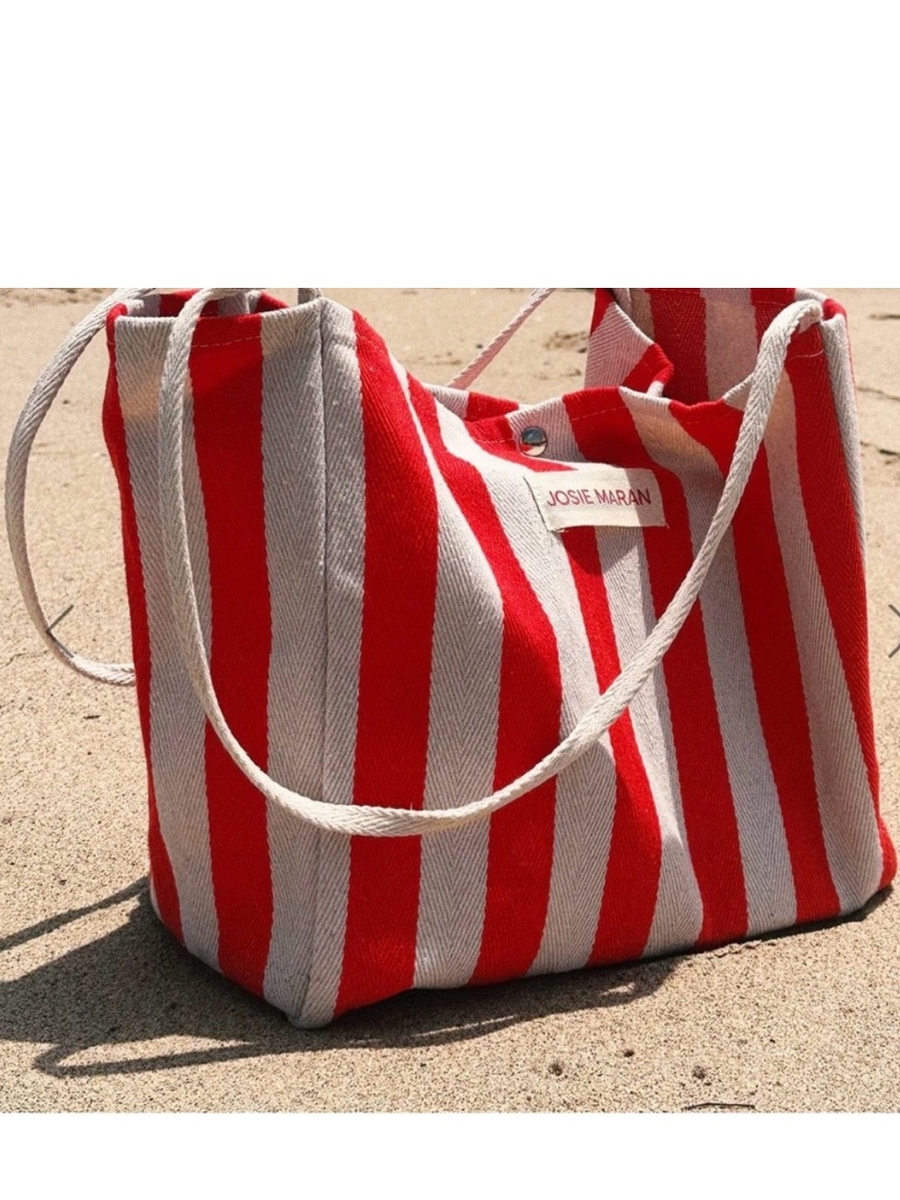 JOSIE MARAN Red White Striped Canvas Tote with Cream Rope Handles Beach Resort